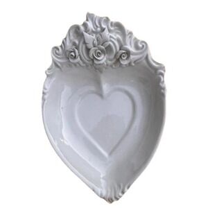 Crafted Italian Romantic Heart Shape‎ Trinket Dish Floral Accent White Porcelain